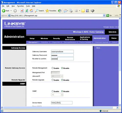 Menú de configuración de router Linksys