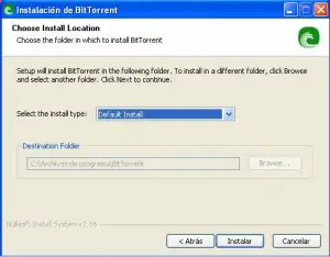 Elección de la instalación pro defecto en BitTorrent