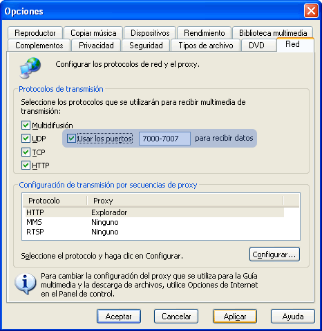 Configurando conexiones de Windows Media Player