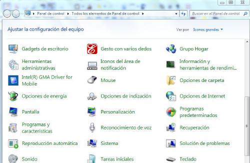Pantalla principal del panel de control de Windows 7