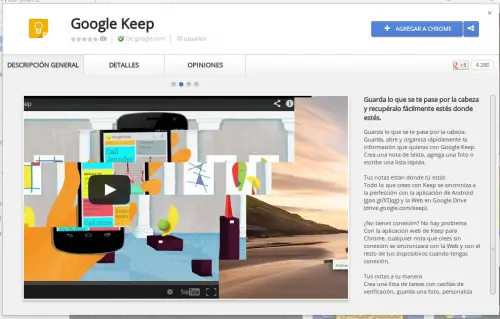 Google Keep para Chrome permite crear, editar y sincronizar notas.