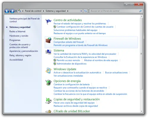 Firewall en el Panel de Control de Windows 7