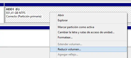 Disminuir volumen de partición en Windows 8