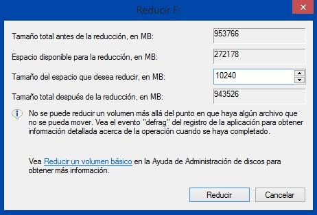 Asignando nuevo espacio a partición en Windows 8