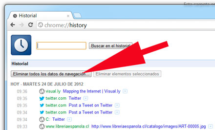 Eliminar historial de navegación en Chrome. 