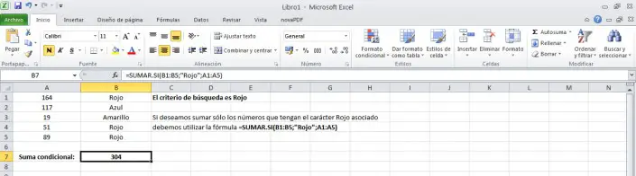 Formula de Excel para suma con criterio simple.
