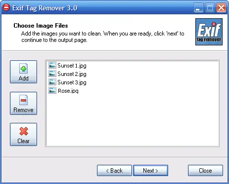 Selección de imágenes con Exif Tag Remover.