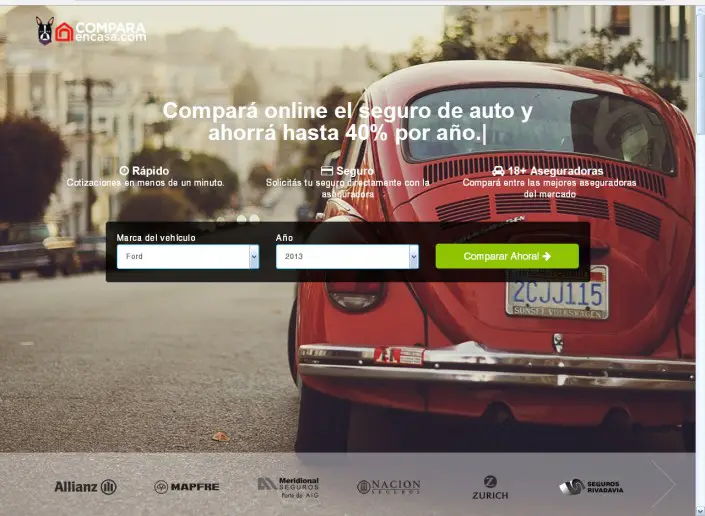Sitio web de Compraencasa, en donde podremos comparar seguros de vehículos desde internet.