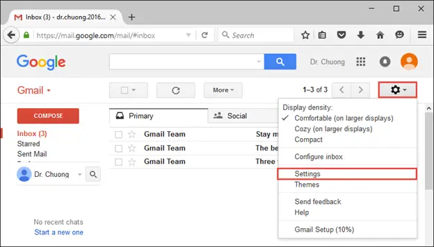 Iniciar configuracion de Gmail para usarlo con Outlook 2016.