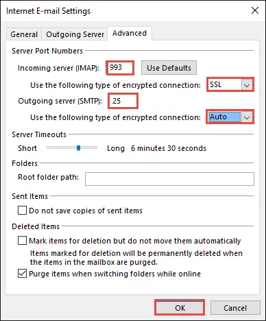 Ingresando datos adicionales de configuracion para Outlook 2016.