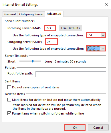 Ingresando datos adicionales de configuracion para Outlook 2016.