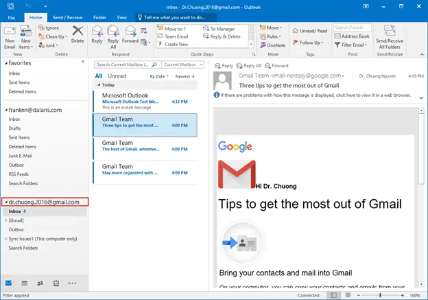 Puesta en marcha del Gmail con Outlook 2016.