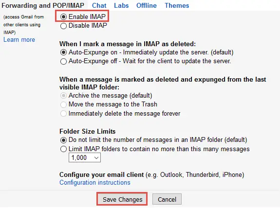 Finalizando la activacion de IMAP en Gmail.