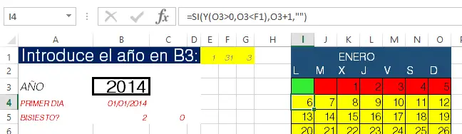 Finalizando el llenado de cuadrícula del calendario en Excel.